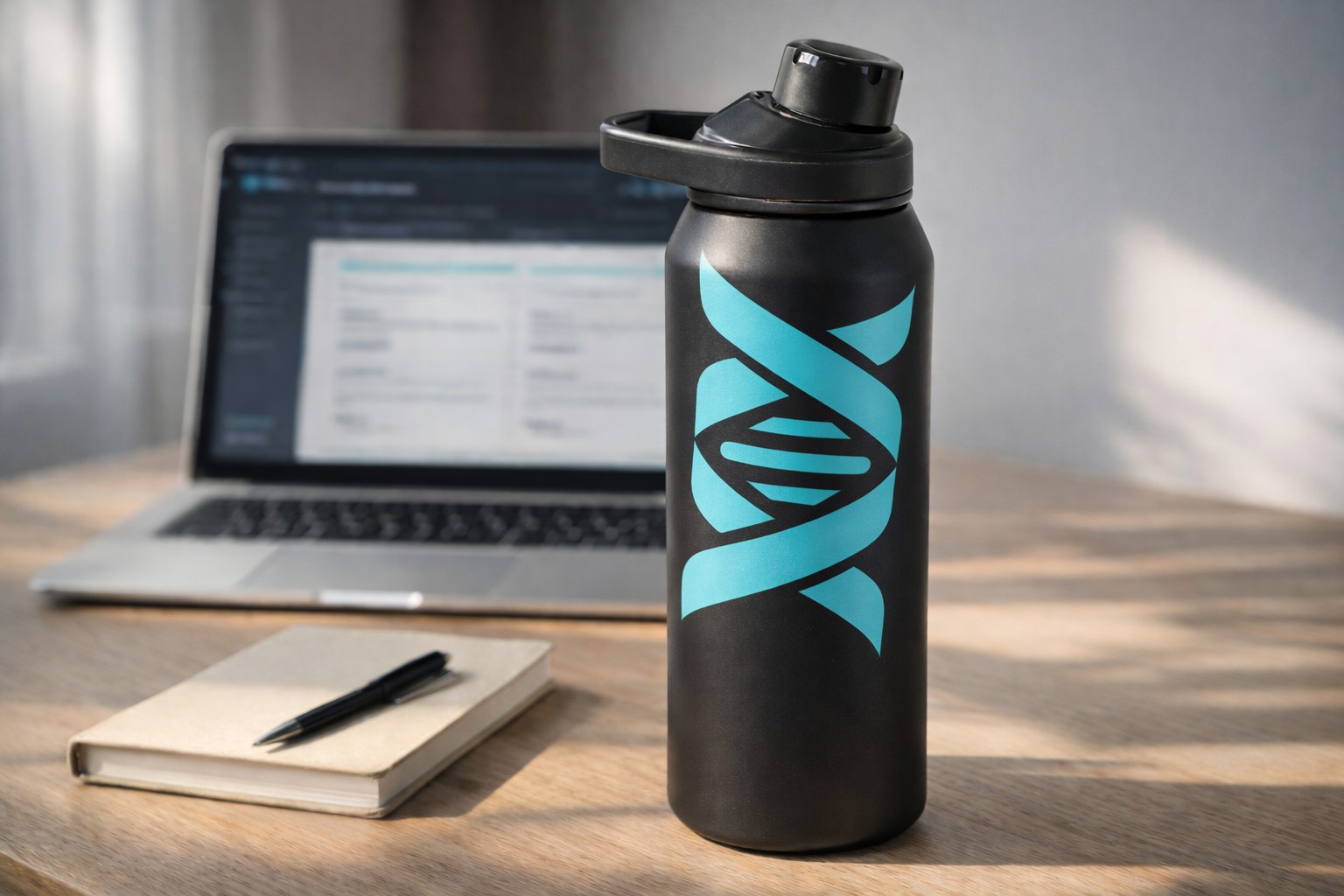 Matte black water bottle with DNA helix logo, on a desk in soft natural light